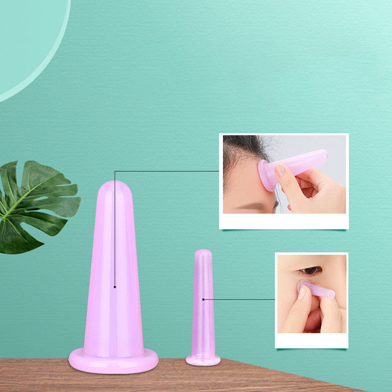 Four silicone facial cups in varying sizes (S to XL) shown in a portable storage case – ideal for facial massage, lifting and glow-enhancing skincare rituals.