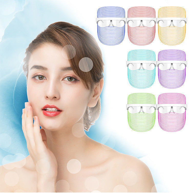 "Woman with glowing skin gently touching her face, shown beside six colourful 3-in-1 LED light therapy masks for skincare treatment"