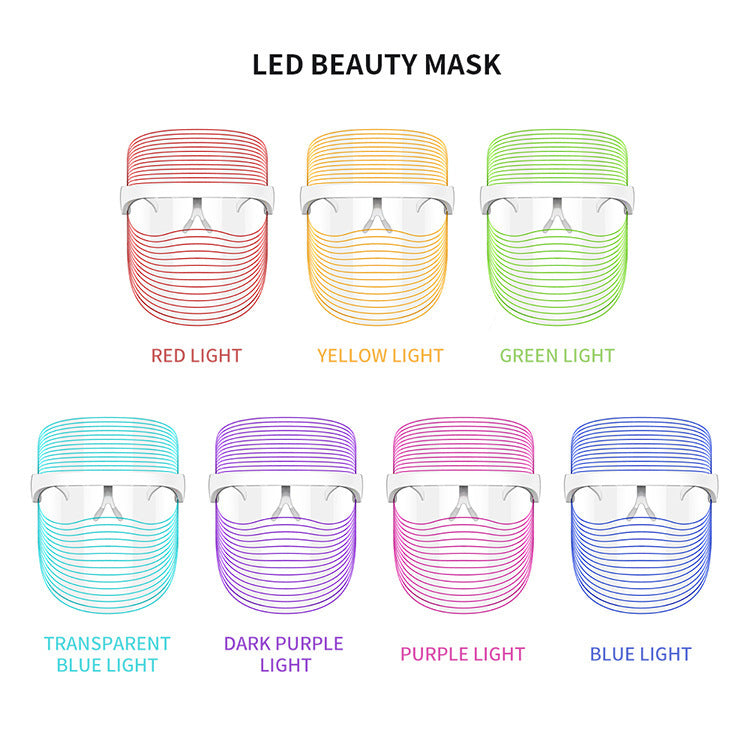 "LED beauty masks in seven colors – red, yellow, green, blue, transparent blue, purple and dark purple – each labeled by light type on white background"