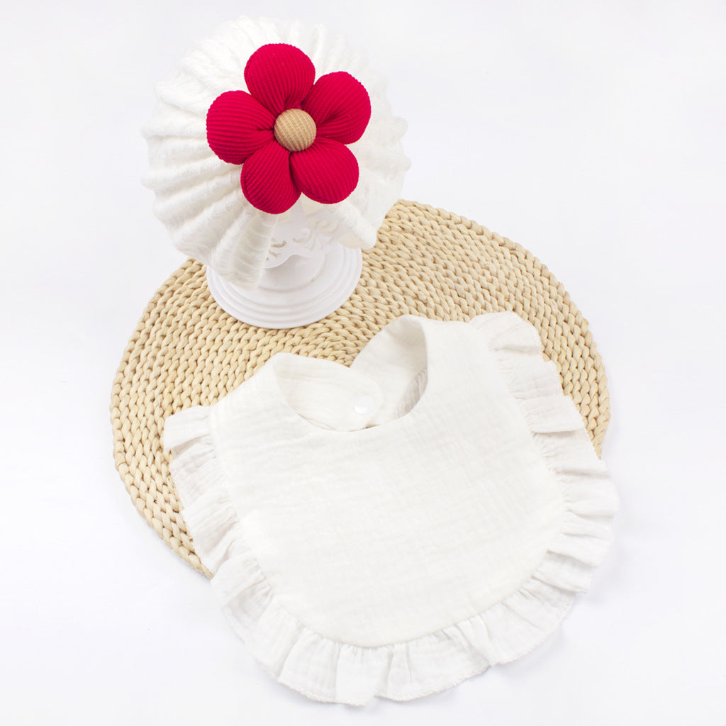 Newborn Baby Hat & Bib Set - Muslin Drool Bibs With Frilly Trim Soft Organic Cotton Bonnet Bandana Drooling Accessories For Infants