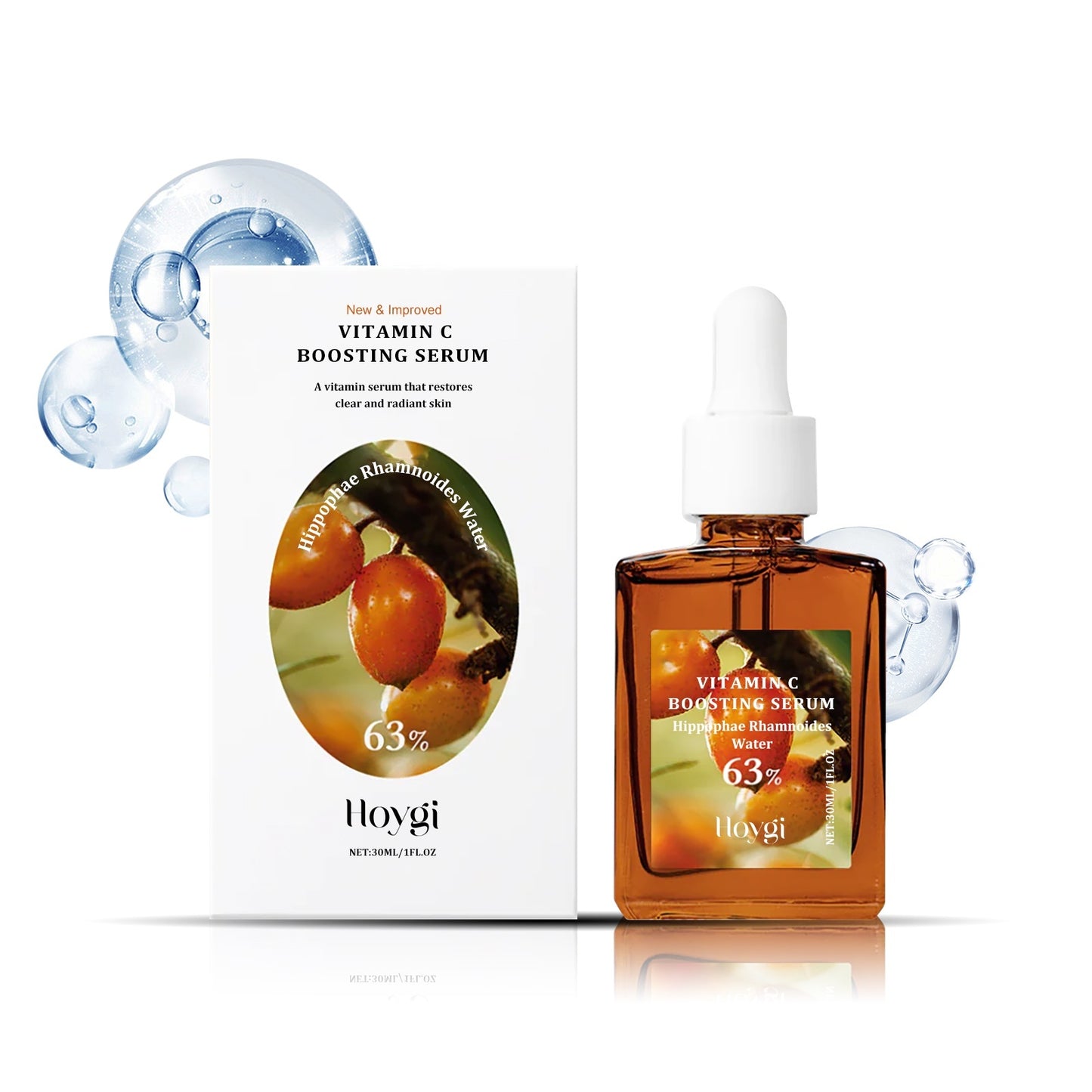 Vitamin C serum in amber glass dropper bottle beside product box with seabuckthorn fruit illustration and hydration bubbles – designed for daily hydration, skin brightening and glow enhancement.