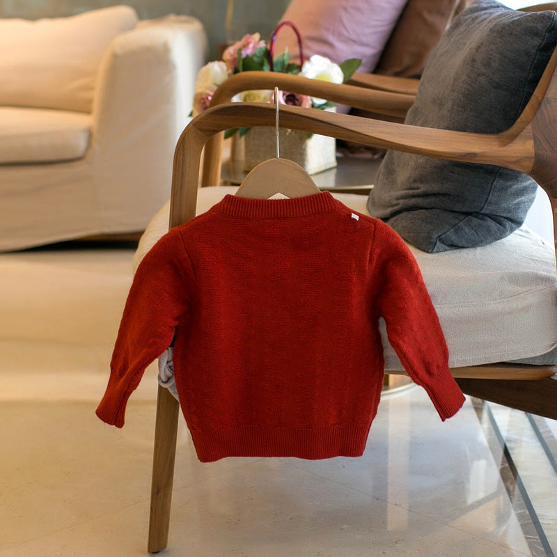 Girls' Solid Color Cardigan Crew Neck Sweater