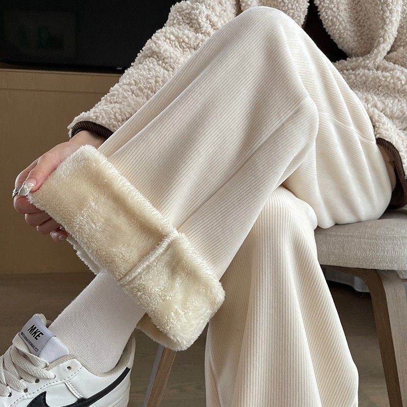 Winter Corduroy Wide-Leg Maternity Pants – High-Waist Velvet Lined