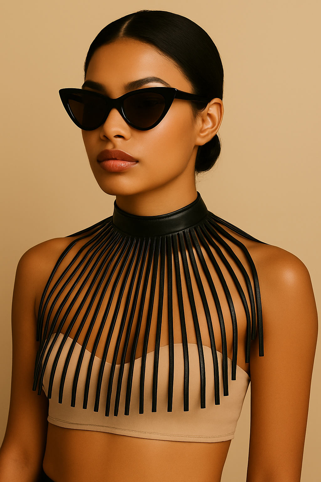 Model wearing a bold black vegan leather fringe choker necklace and cat-eye sunglasses against a beige background, styled with elegance and minimalism.