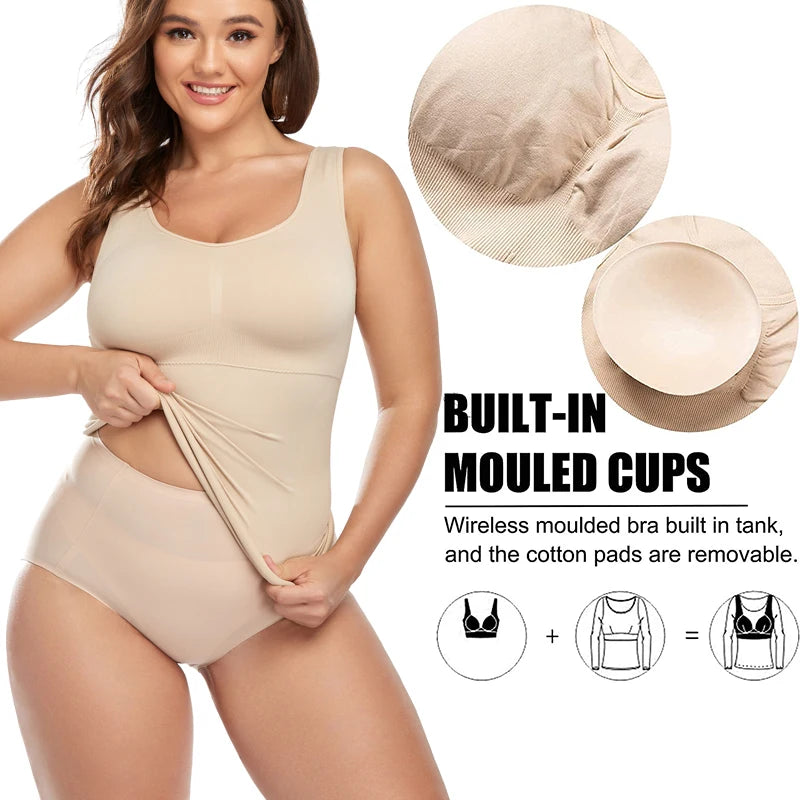 Built in Bra Tummy Control Tank Top Underskirts Body Shaper Compression Vest