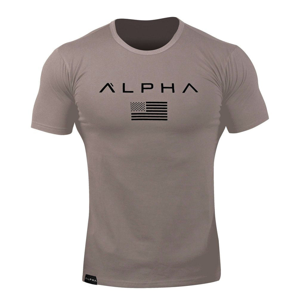 Men’s beige-brown activewear tee – slim fit, short sleeve cotton