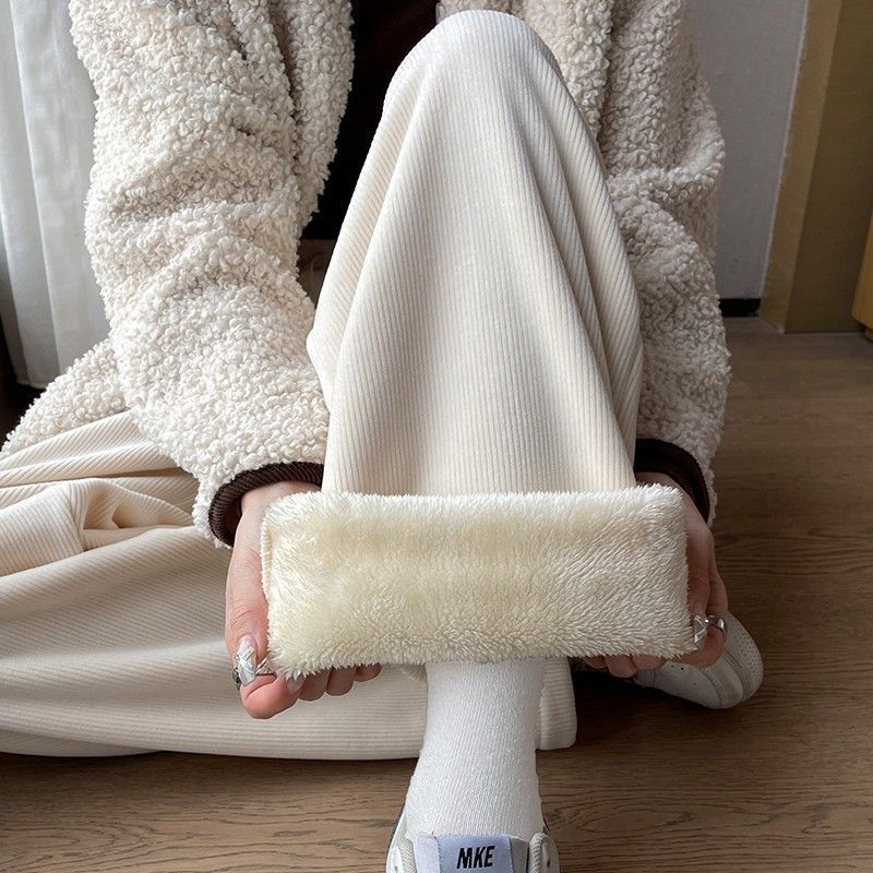 Winter Corduroy Wide-Leg Maternity Pants – High-Waist Velvet Lined