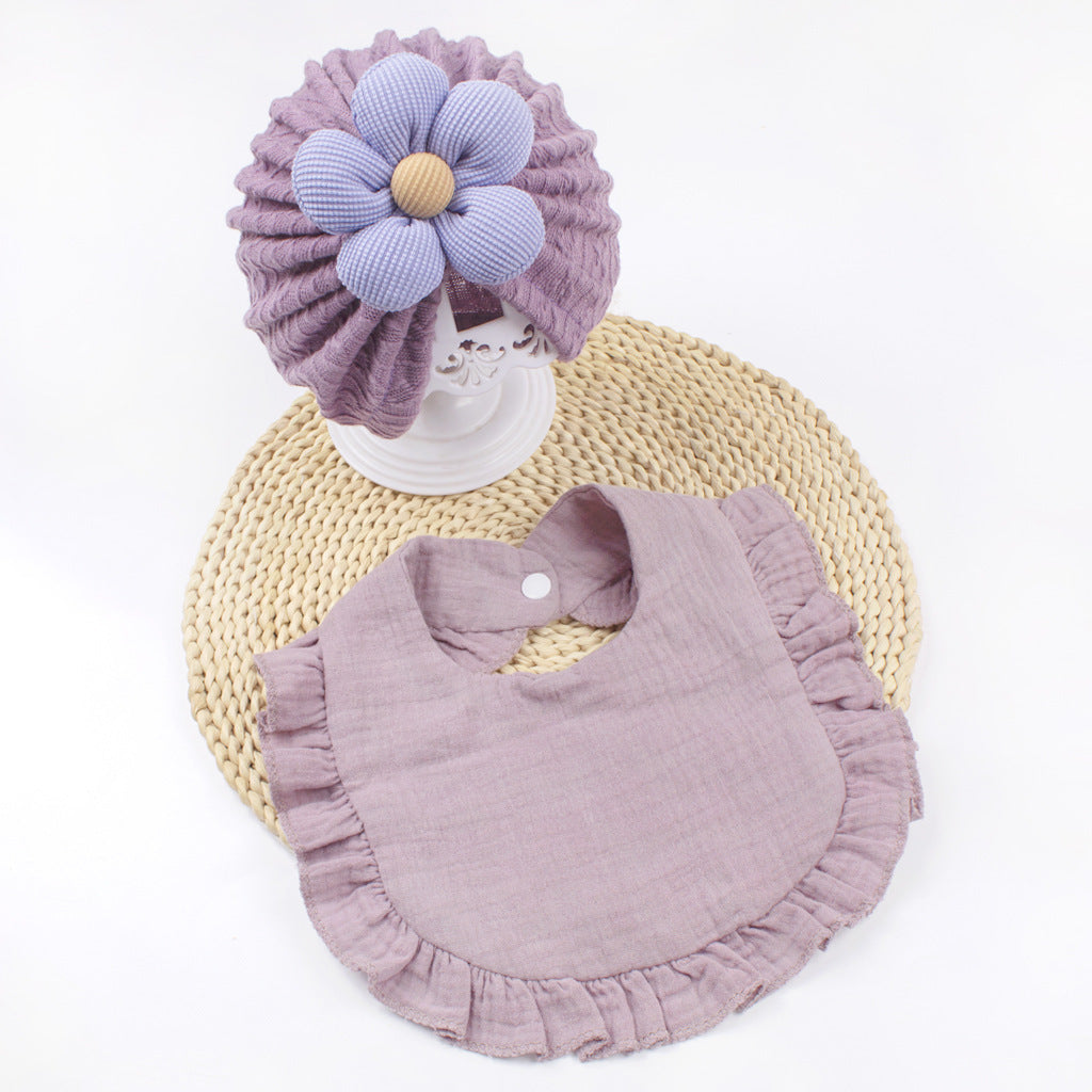 Newborn Baby Hat & Bib Set - Muslin Drool Bibs With Frilly Trim Soft Organic Cotton Bonnet Bandana Drooling Accessories For Infants