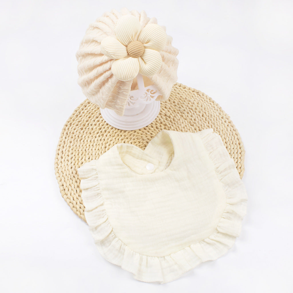 Newborn Baby Hat & Bib Set - Muslin Drool Bibs With Frilly Trim Soft Organic Cotton Bonnet Bandana Drooling Accessories For Infants