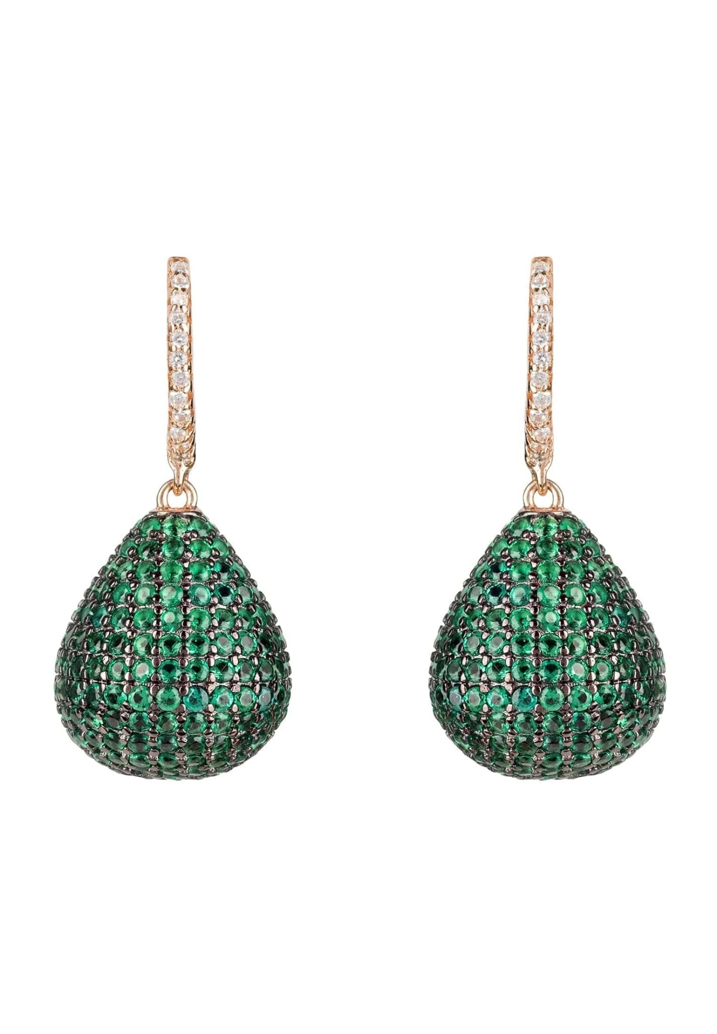 "Elegant emerald green pear drop earrings with rosegold hooks and white zircon detailing, photographed on a white background.