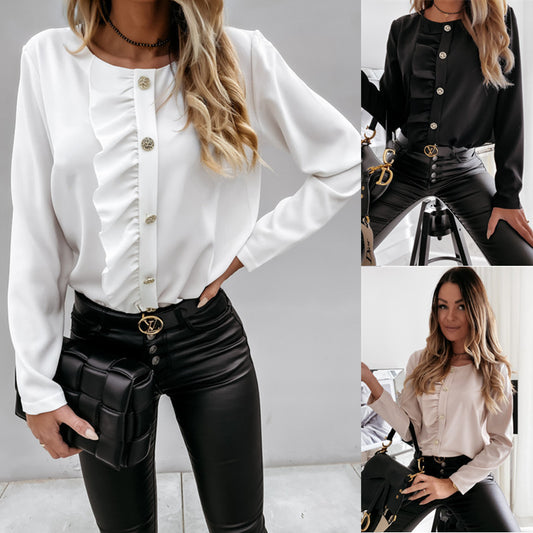 Women's Long Sleeved Ruffled Button Ladies Shirt