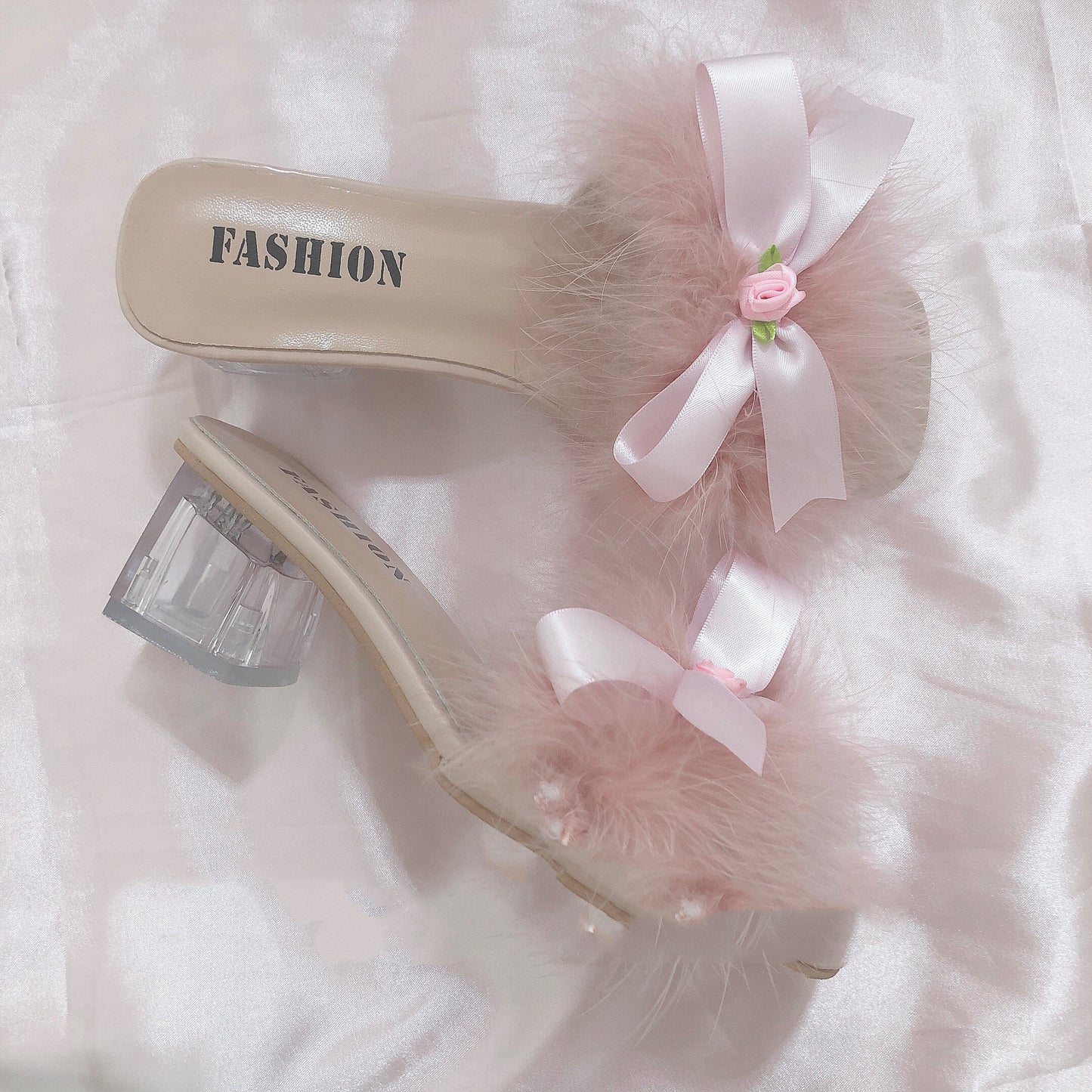 Chunky Sandals Soft Fluffy Heels with Bow