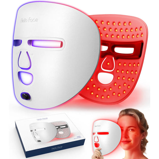 LED light therapy mask in white with red interior, shown in front view. Wireless skincare device with full-face coverage and adjustable fit.
