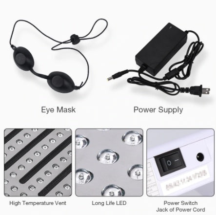 Components of LED therapy mask set including protective eye mask, power adapter, high-temperature vent, long-life LED array, and power switch panel.