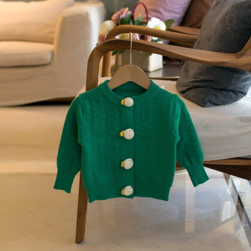 Girls' Solid Color Cardigan Crew Neck Sweater