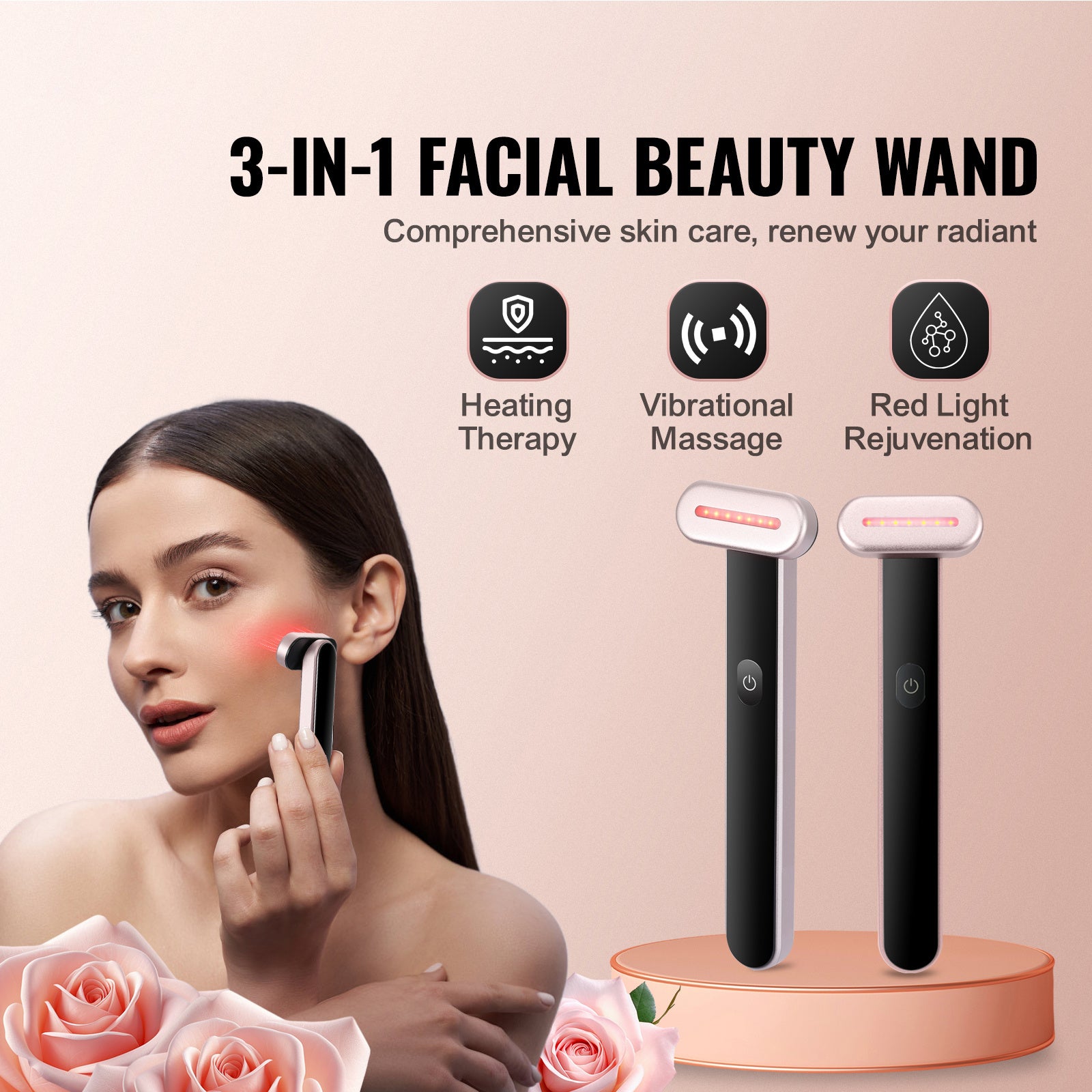 Woman using a black and rose gold LED facial wand on her cheek, showing red light therapy in action.