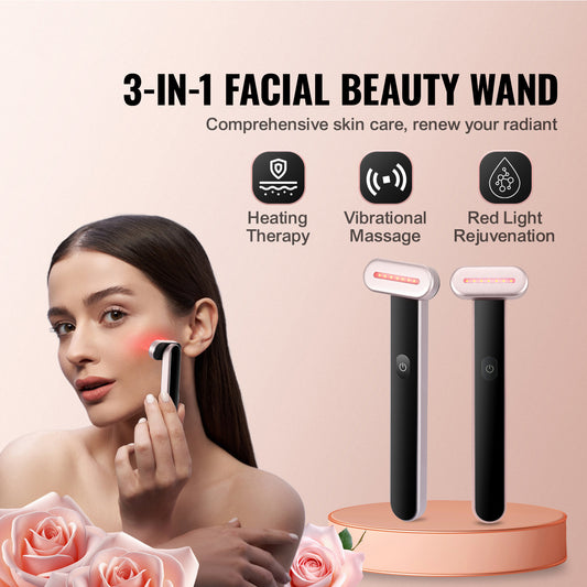 Woman using a black and rose gold LED facial wand on her cheek, showing red light therapy in action.