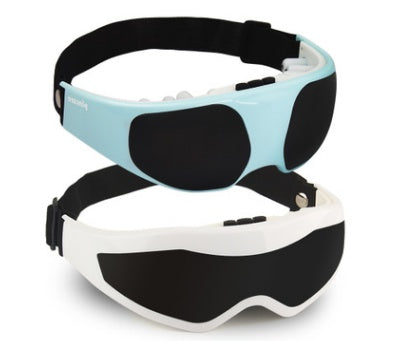 White and blue eye massager wands displayed side by side with metal tips and USB cable, shown on neutral background.