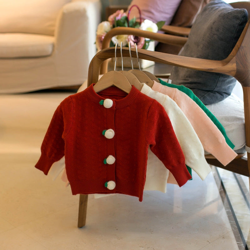Girls' Solid Color Cardigan Crew Neck Sweater