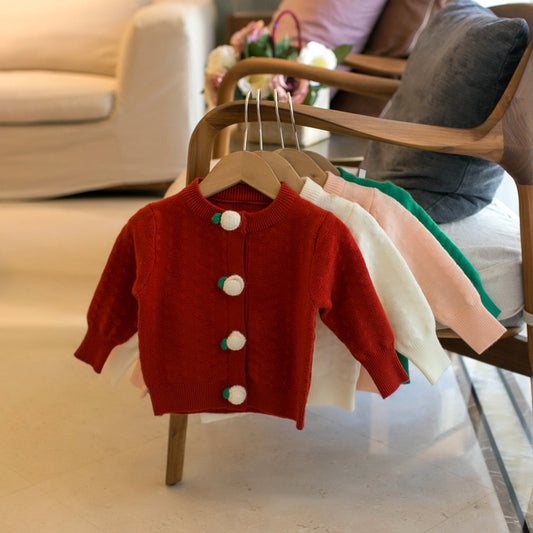 Girls' Solid Color Cardigan Crew Neck Sweater