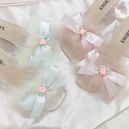 Chunky Sandals Soft Fluffy Heels with Bow