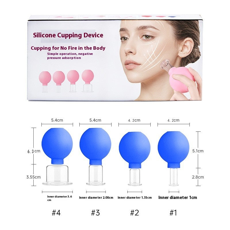 Box of 4 vinyl facial with a woman using cupping massage tools in matching colours (pink, blue or ) – used for lifting, sculpting and stimulating facial glow.