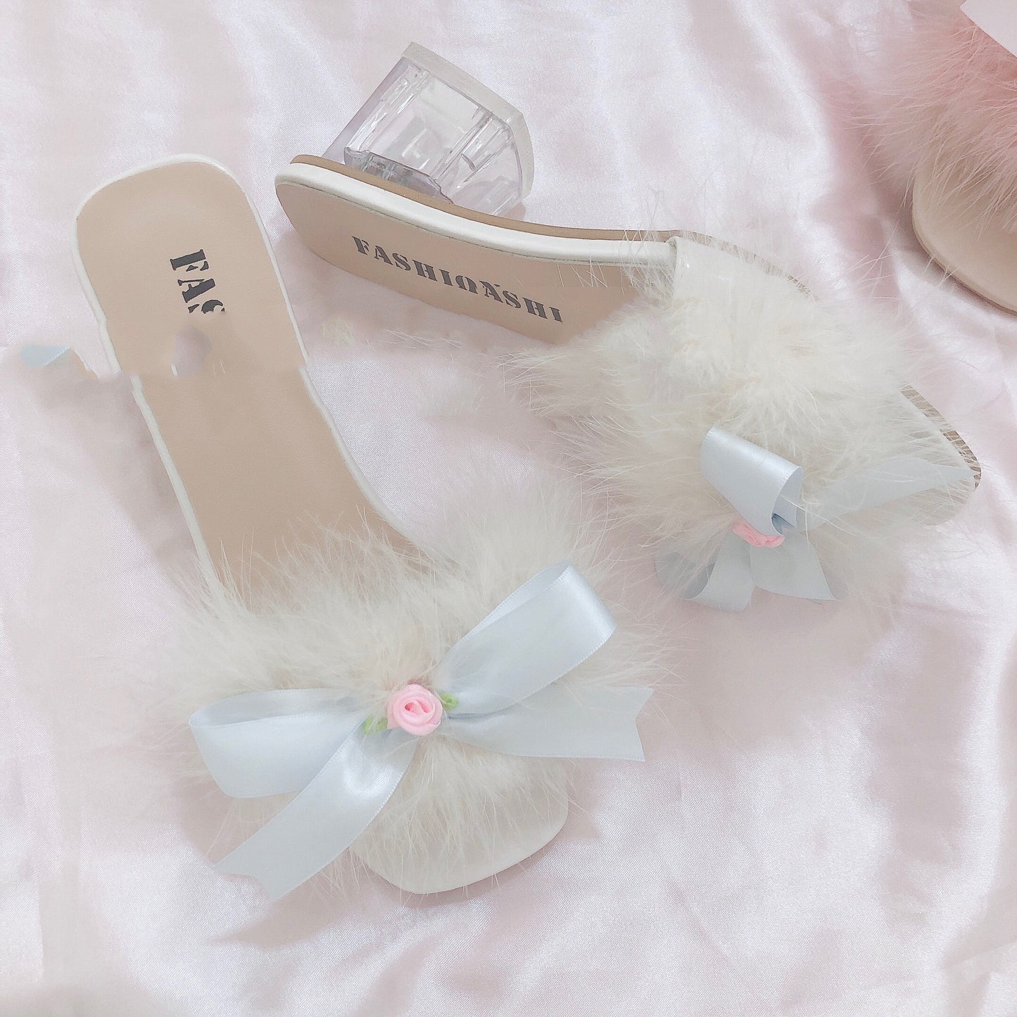 Chunky Sandals Soft Fluffy Heels with Bow