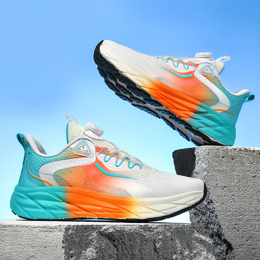 Blue and orange breathable mesh sports shoes with soft blue sole, side view

