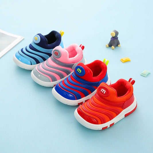 Four pairs of toddler shoes in red, pink, orange, and navy blue with soft cotton velvet finish, designed for early walkers with flexible soles.
