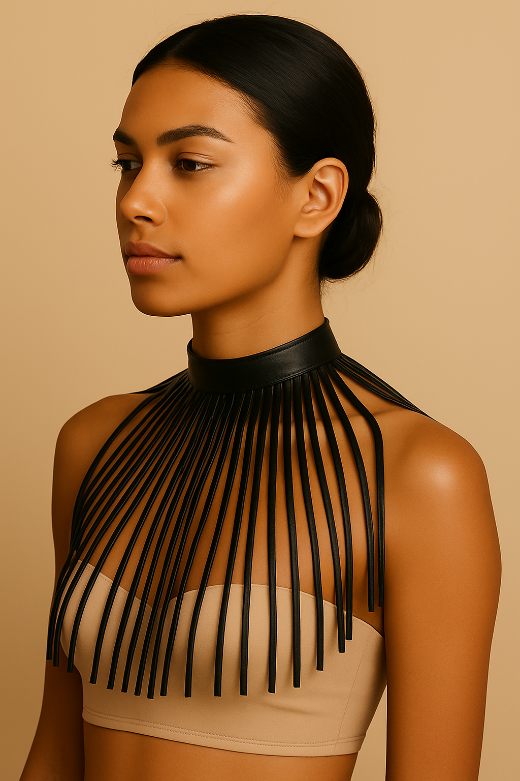 Model wearing a bold black vegan leather fringe choker necklace and against a beige background, styled with elegance and minimalism.