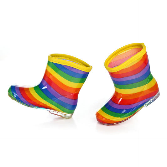 Transparent jelly rain boots for toddlers with cartoon rainbow design, mid-calf length. Ideal for wet weather adventures.