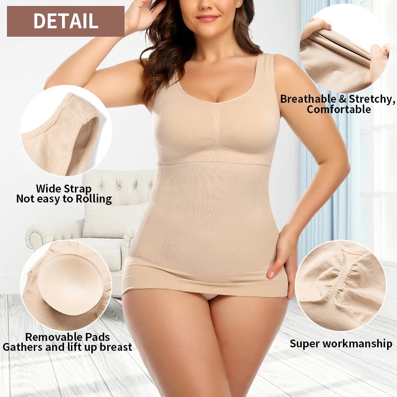 Built in Bra Tummy Control Tank Top Underskirts Body Shaper Compression Vest