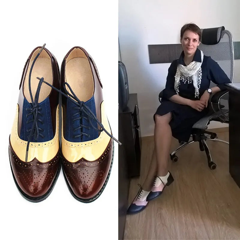 "Pair of vintage Oxford shoes in grey, beige, and purple with lace-up design and brogue detailing, made of genuine leather."