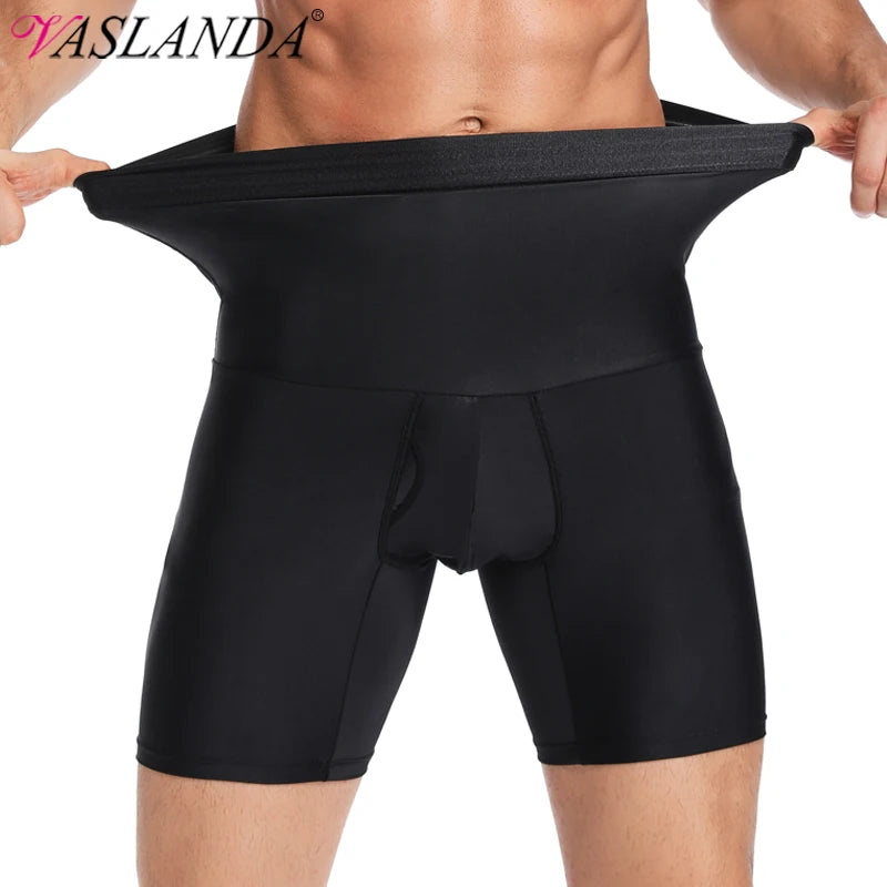 Man wearing black high-waist shapewear shorts from behind
