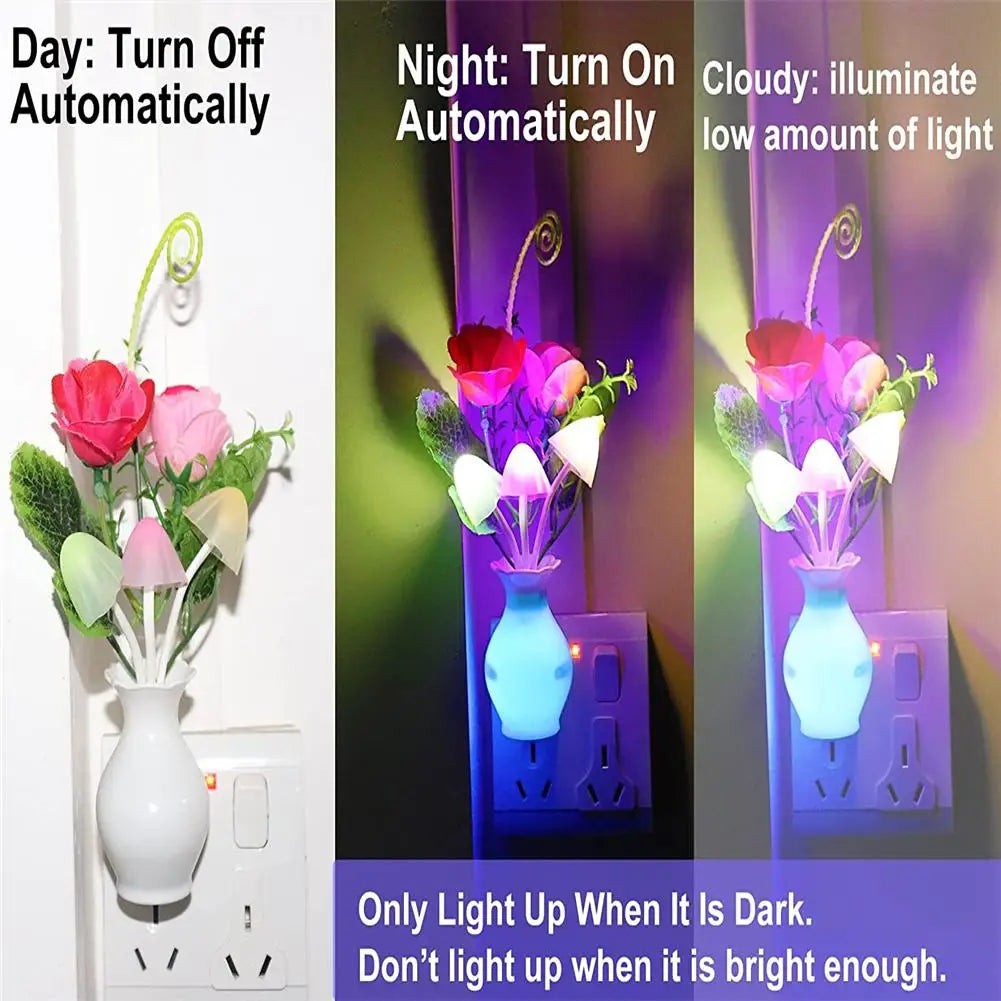 LED Night Light With Auto Sensor Rose Flower Mushroom Plug In Lamp