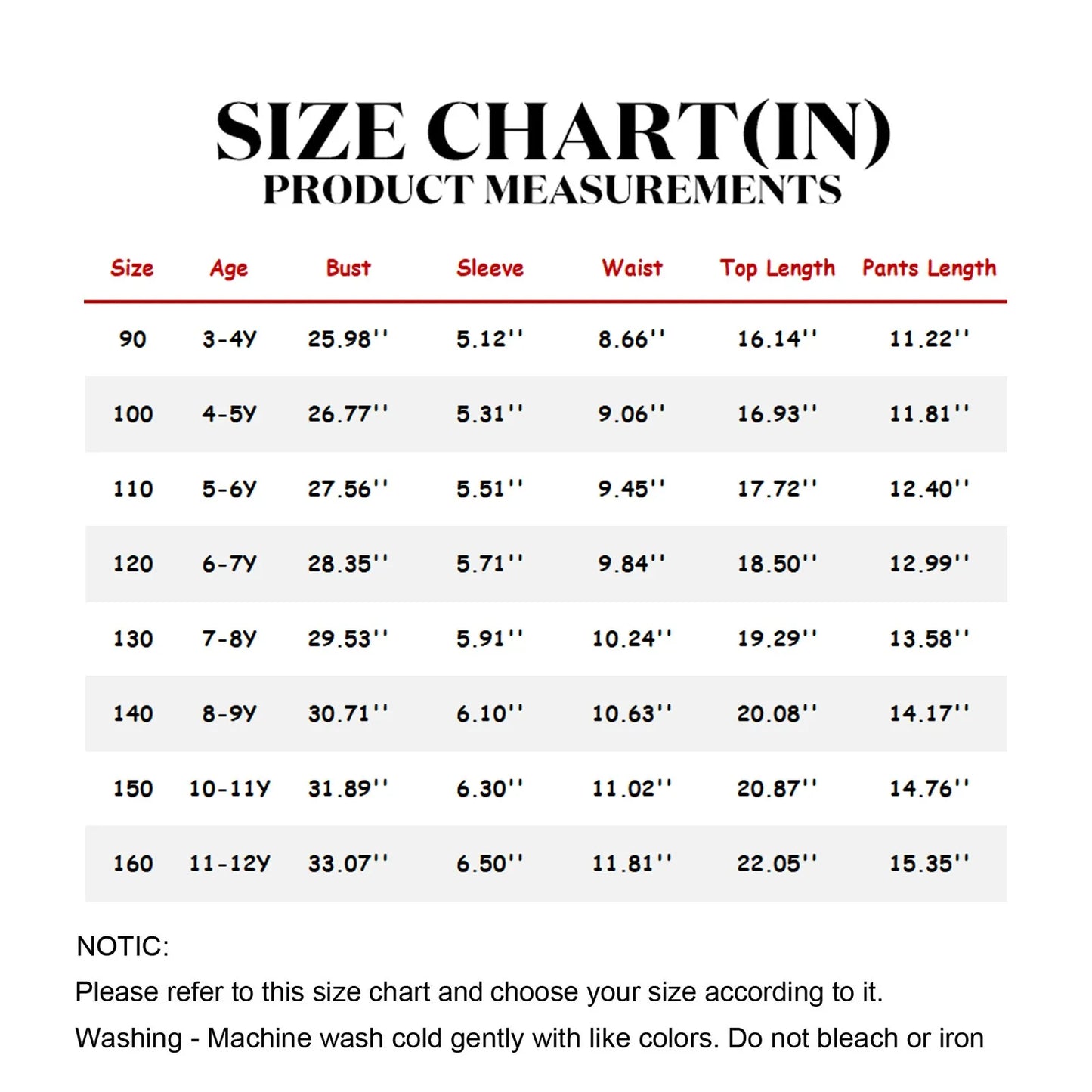 Size chart for Colour-In Kids Pyjama Set – includes bust, sleeve, waist, top and pants length by age.
