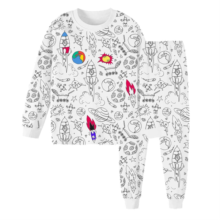 DIY Colour-In Kids Pyjama Party Set – Two-Piece Boys Gils (Without Painting Pens)