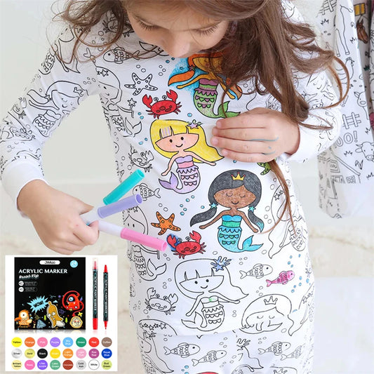 DIY Colour-In Kids Pyjama Party Set – Two-Piece Boys Gils (Without Painting Pens)