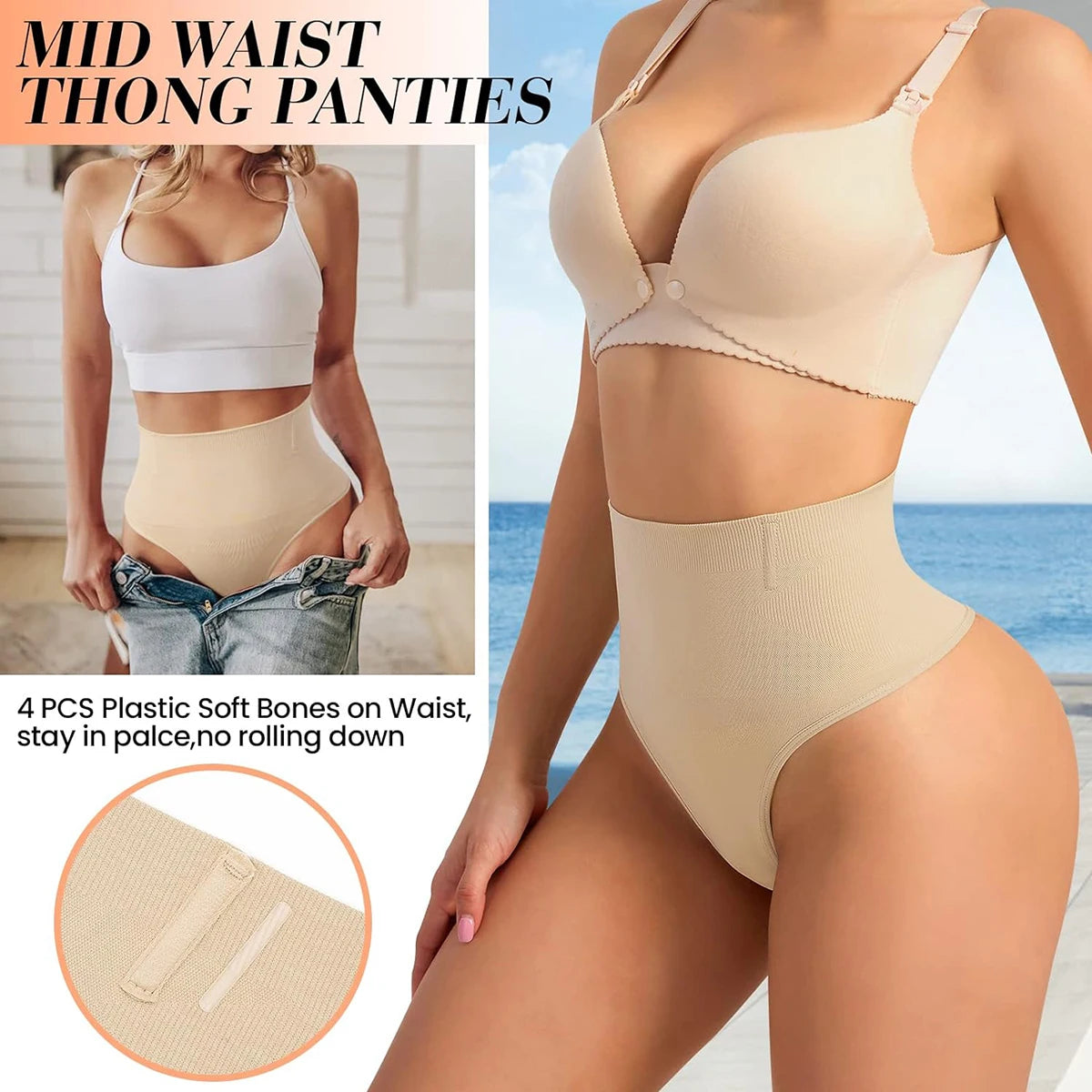 Mid Waist Thong Shapewear Panties – 4 Soft Bones Anti-Roll Waist Support