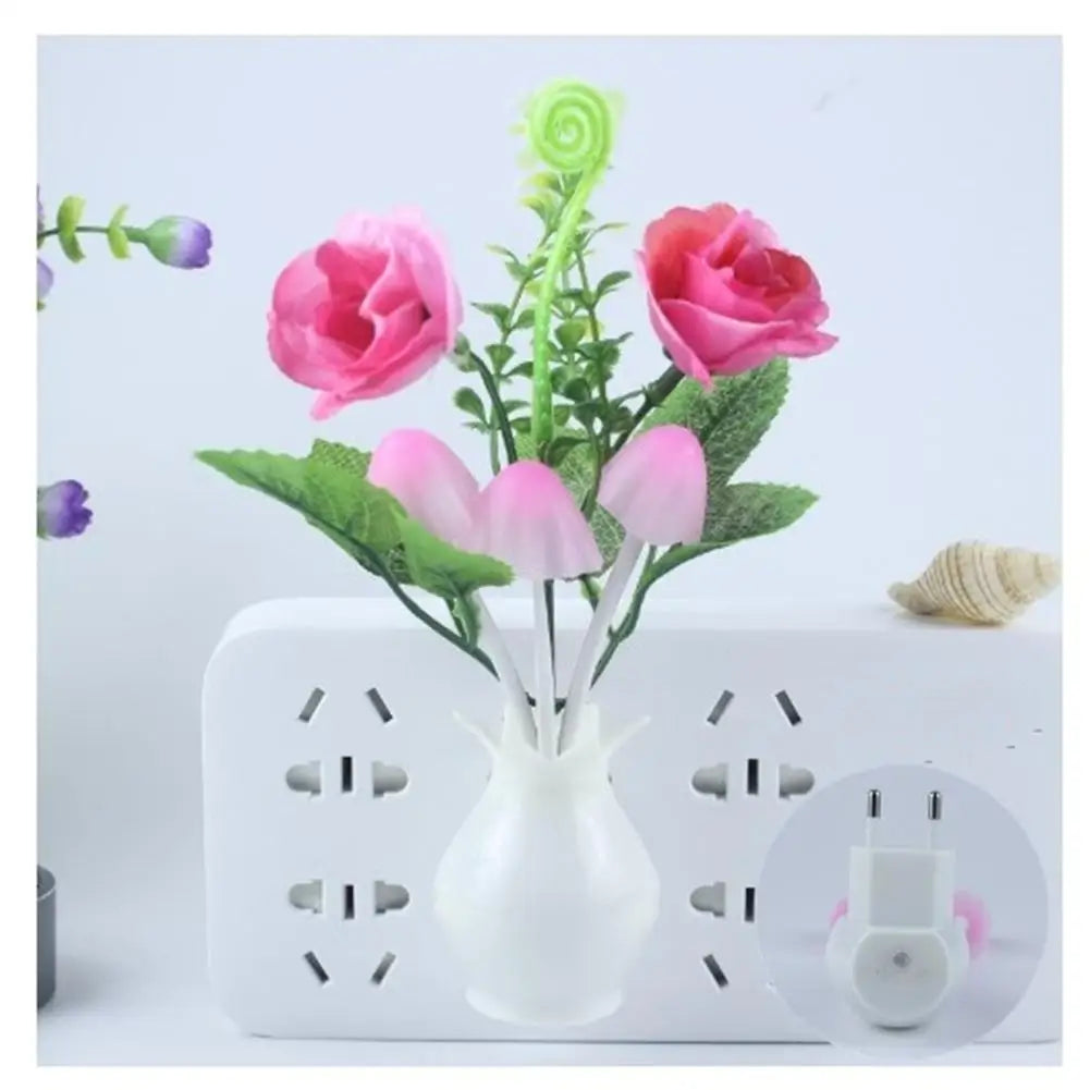 LED Night Light With Auto Sensor Rose Flower Mushroom Plug In Lamp