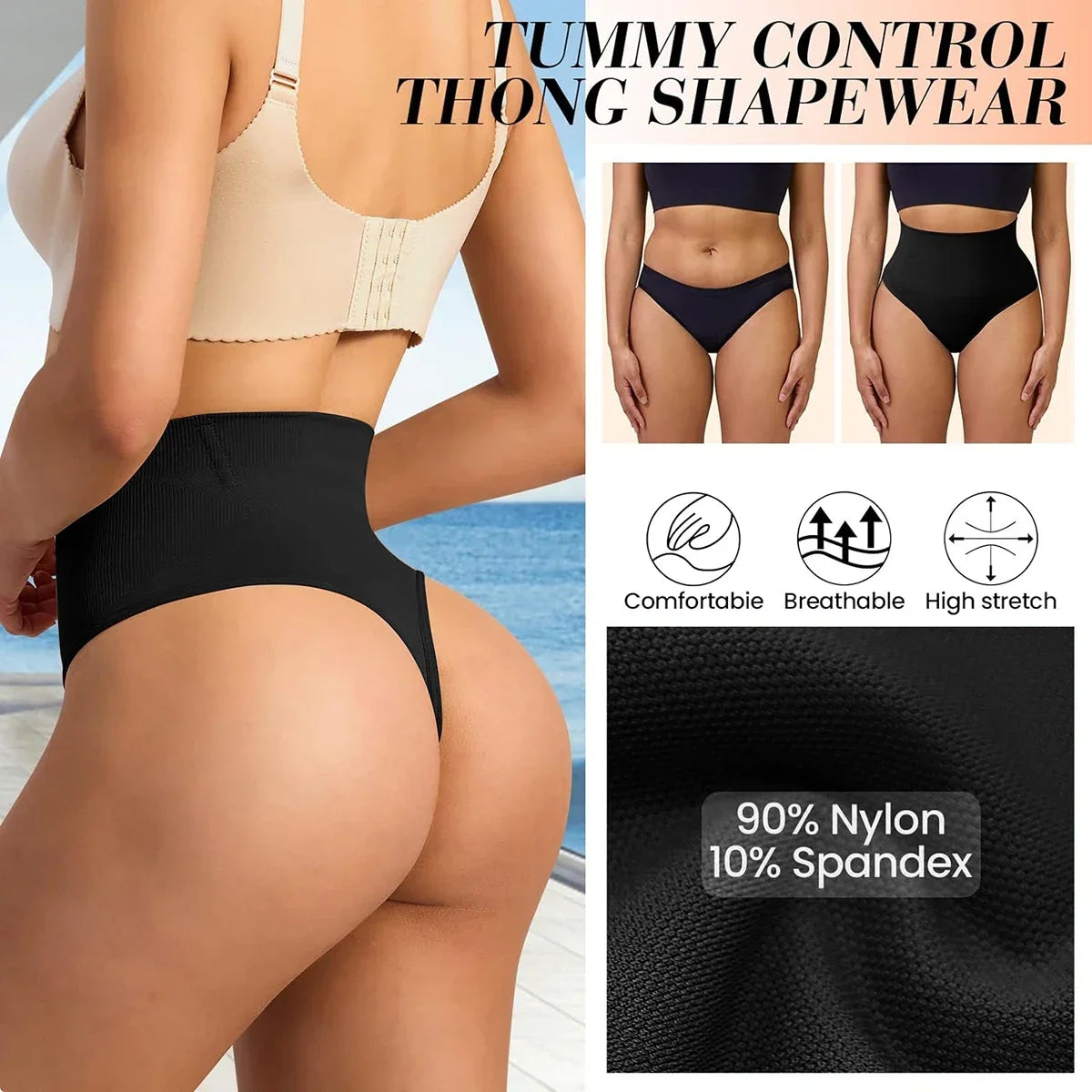Mid Waist Thong Shapewear Panties – 4 Soft Bones Anti-Roll Waist Support