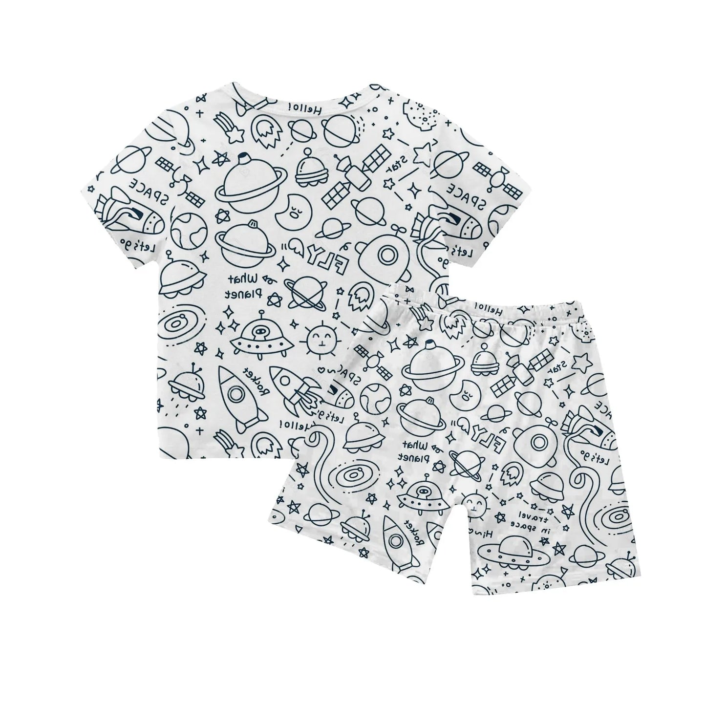 Unisex colour-in kids pyjama set with fantasy-themed outline designs – includes T-shirt and shorts.