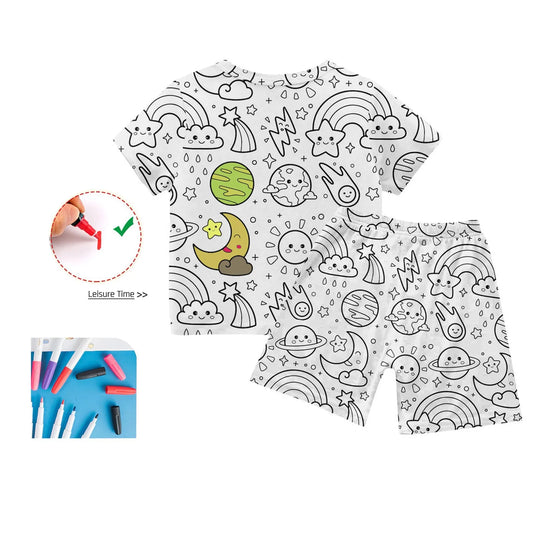 Kids colour-in pyjama set shown with markers – pens sold separately.