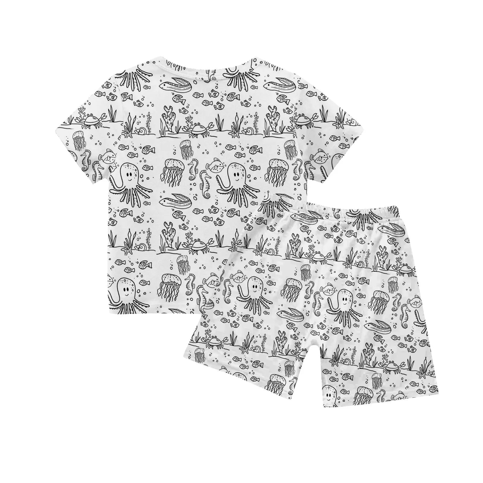 Close-up of the outlined cartoon-style print on kids' pyjama set – designed to be coloured in.