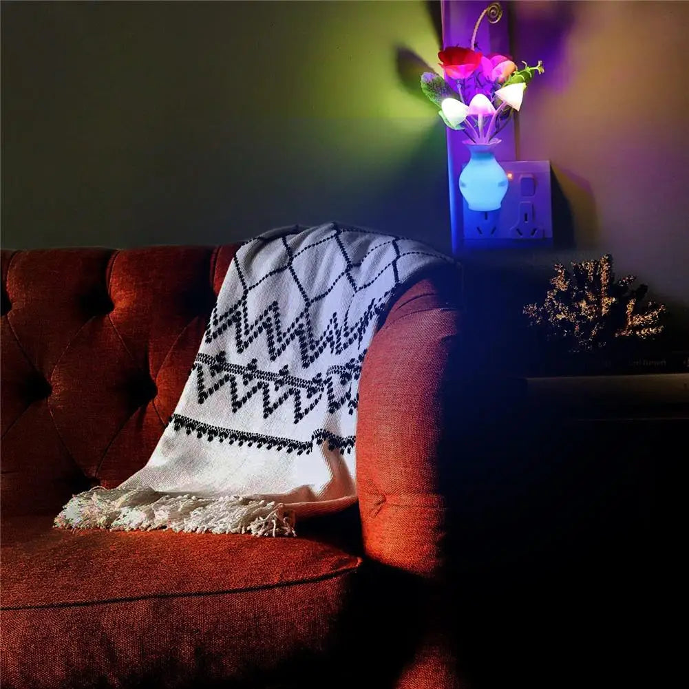 LED Night Light With Auto Sensor Rose Flower Mushroom Plug In Lamp