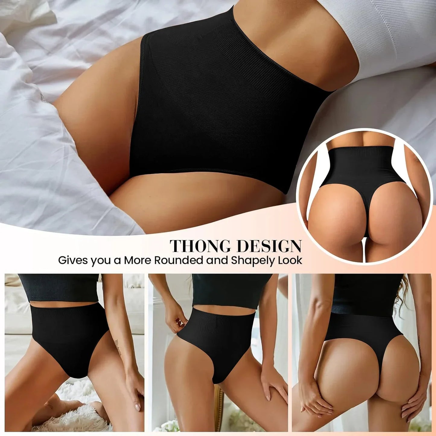 Mid Waist Thong Shapewear Panties – 4 Soft Bones Anti-Roll Waist Support