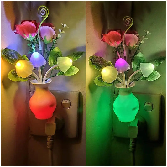 LED Night Light With Auto Sensor Rose Flower Mushroom Plug In Lamp