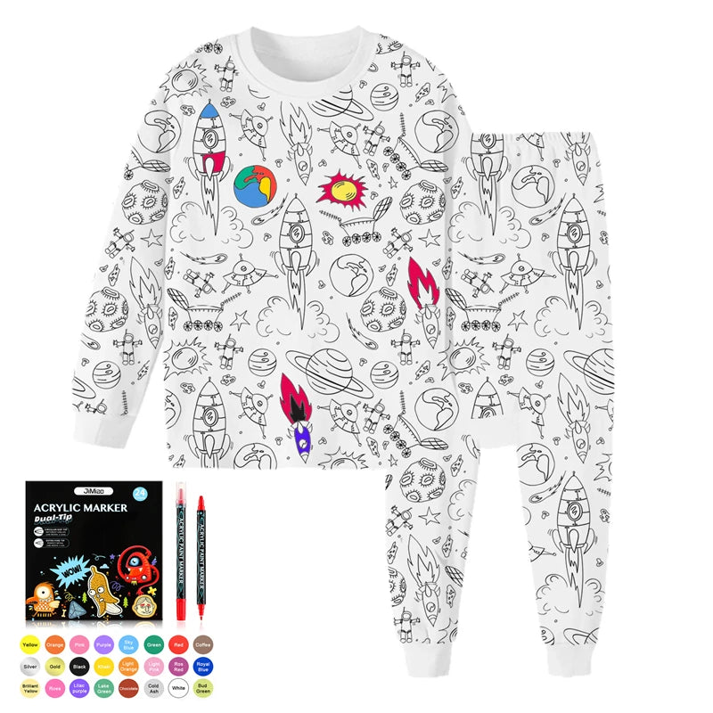DIY Colour-In Kids Pyjama Party Set – Two-Piece Boys Gils (Without Painting Pens)