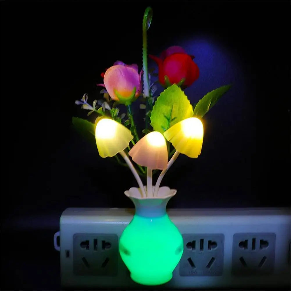 LED Night Light With Auto Sensor Rose Flower Mushroom Plug In Lamp