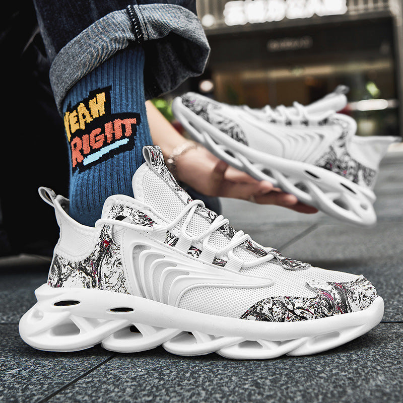 White mesh graffiti sneakers with stylish layered sole – side view